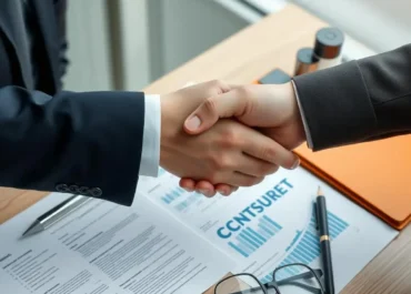 Business deal handshake over contracts and financial documents.