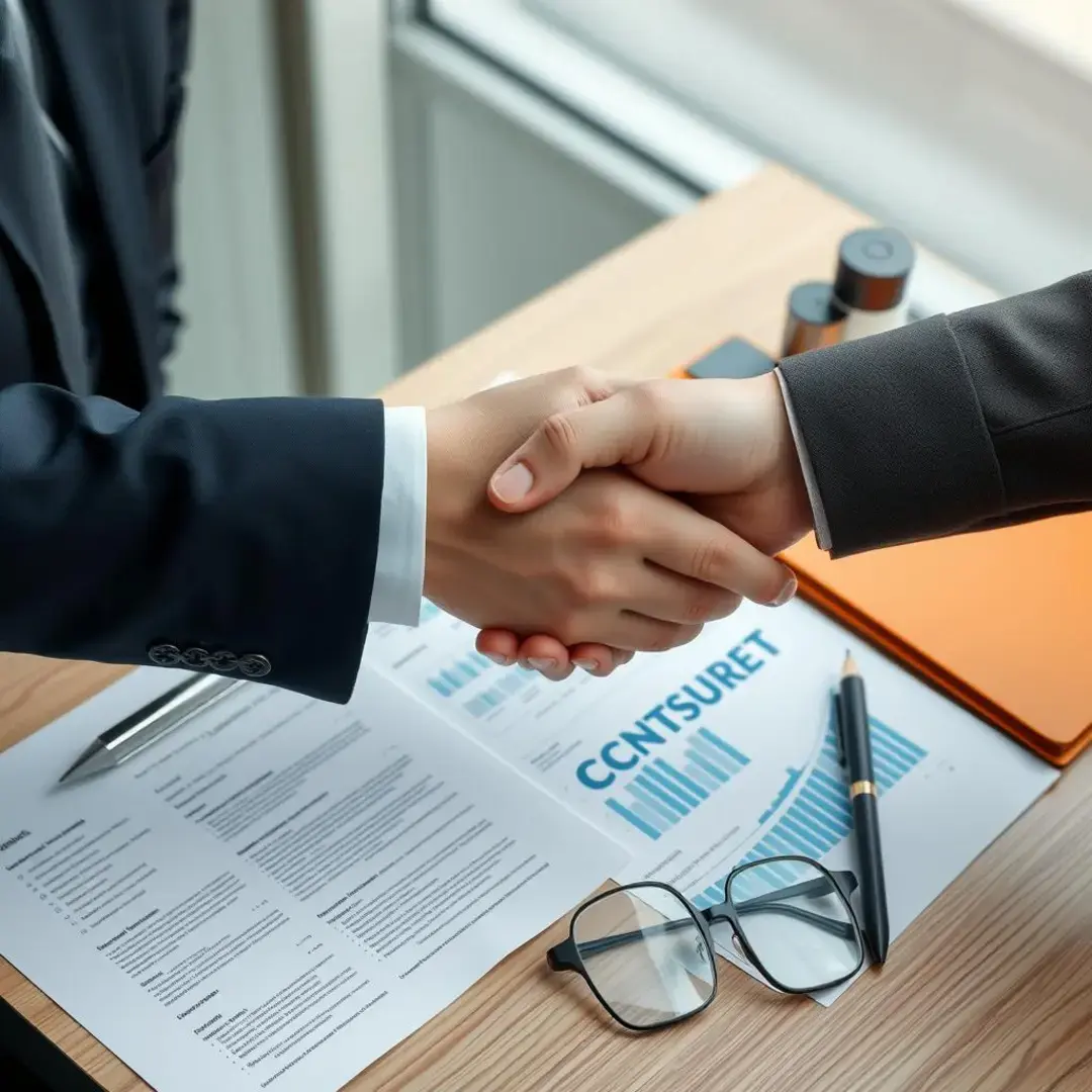 Business deal handshake over contracts and financial documents.