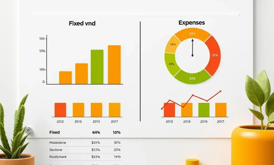 Charts comparing fixed and variable expenses with relevant icons.