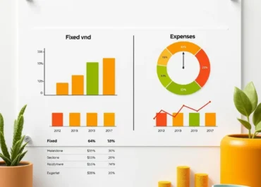 Charts comparing fixed and variable expenses with relevant icons.