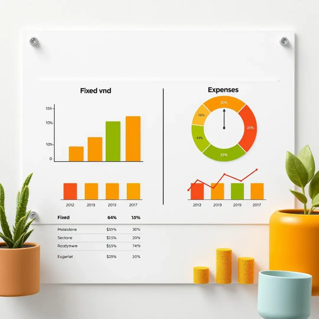 Charts comparing fixed and variable expenses with relevant icons.