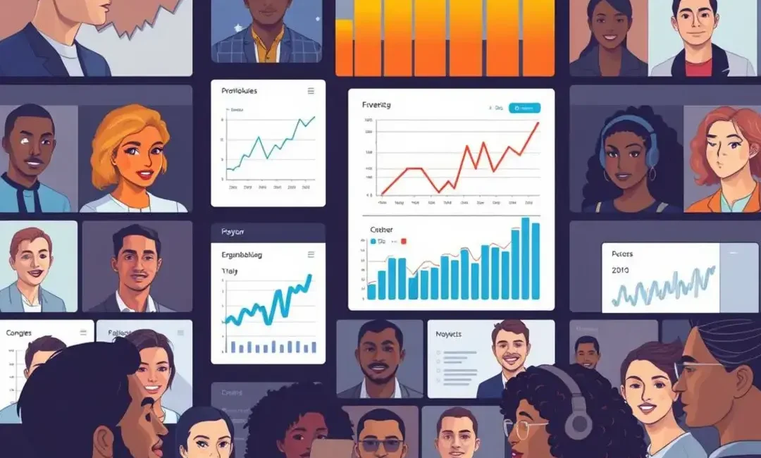 Graphs, screens, hashtags, diverse faces, engagement metrics, digital interaction.