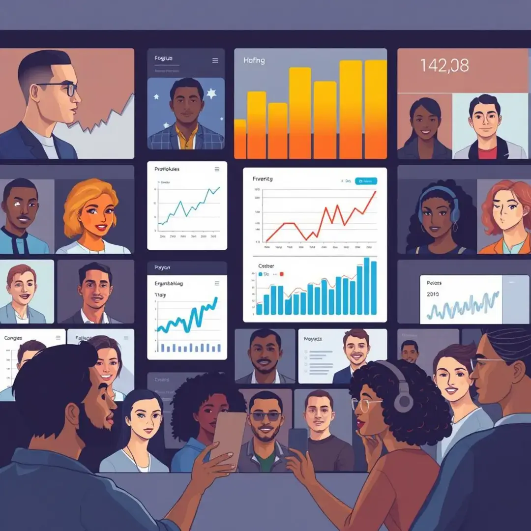 Graphs, screens, hashtags, diverse faces, engagement metrics, digital interaction.