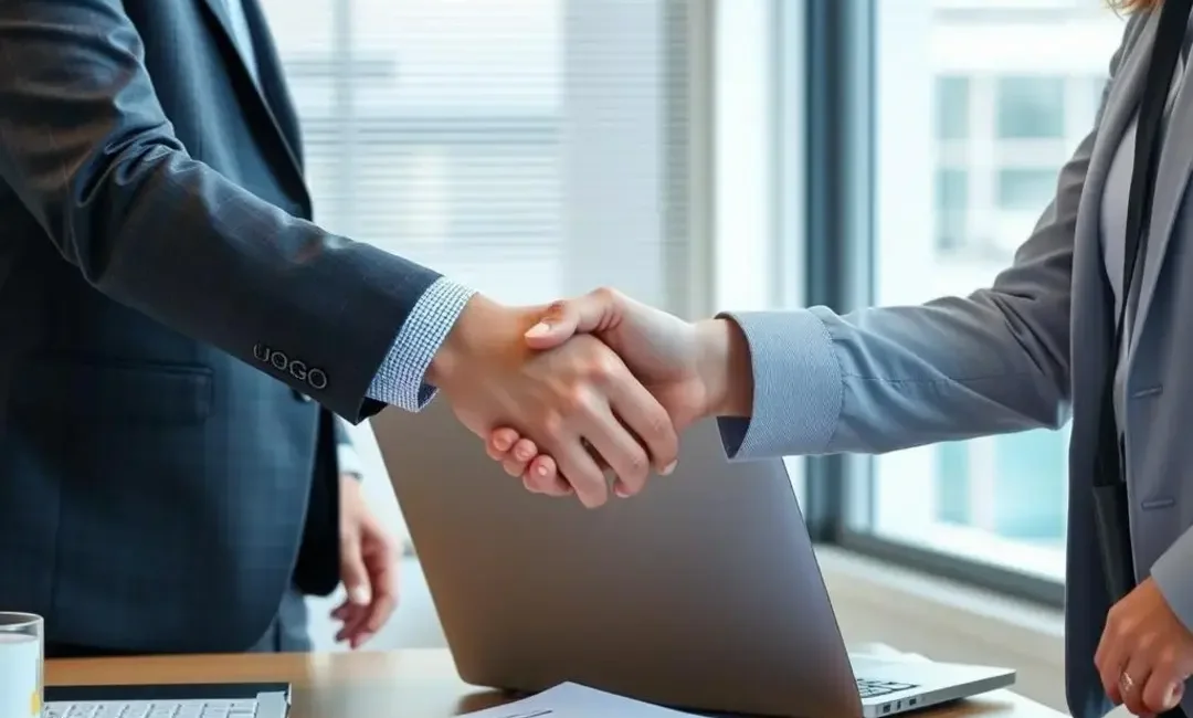 Two people shaking hands over a laptop and documents.