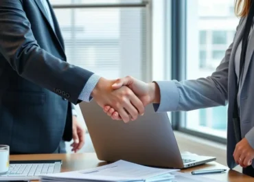 Two people shaking hands over a laptop and documents.