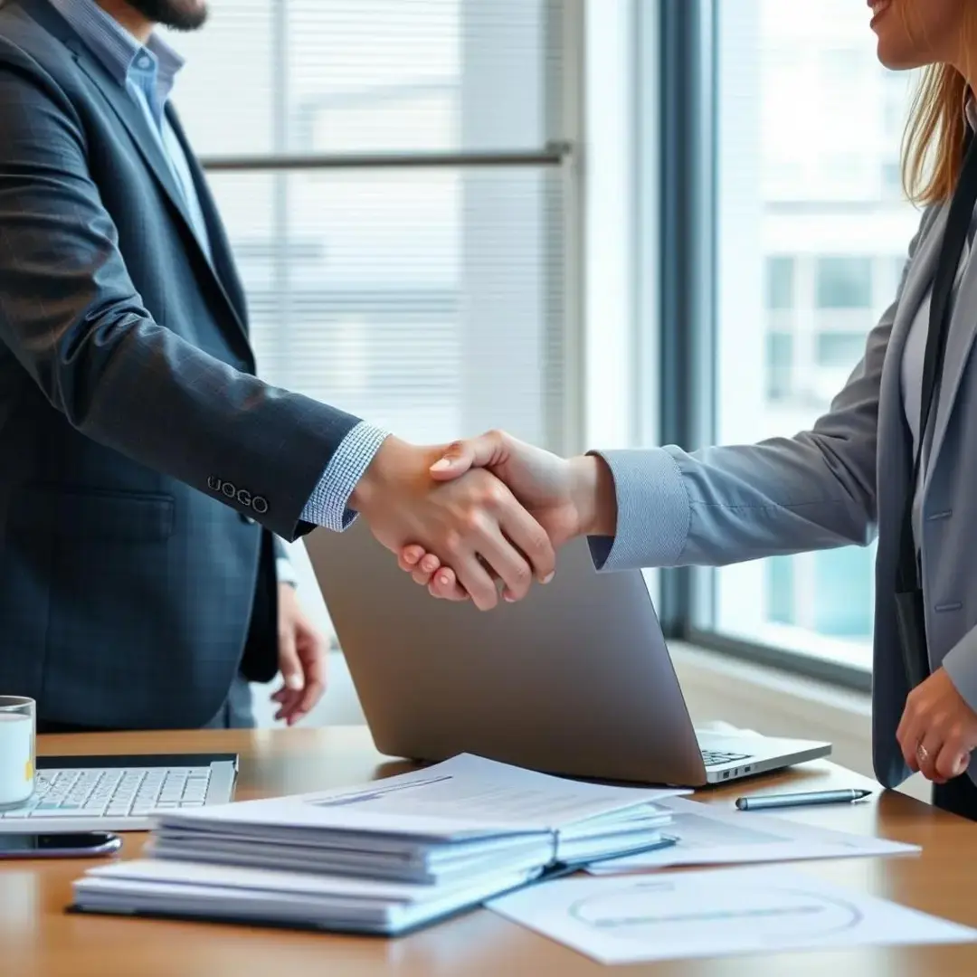 Two people shaking hands over a laptop and documents.