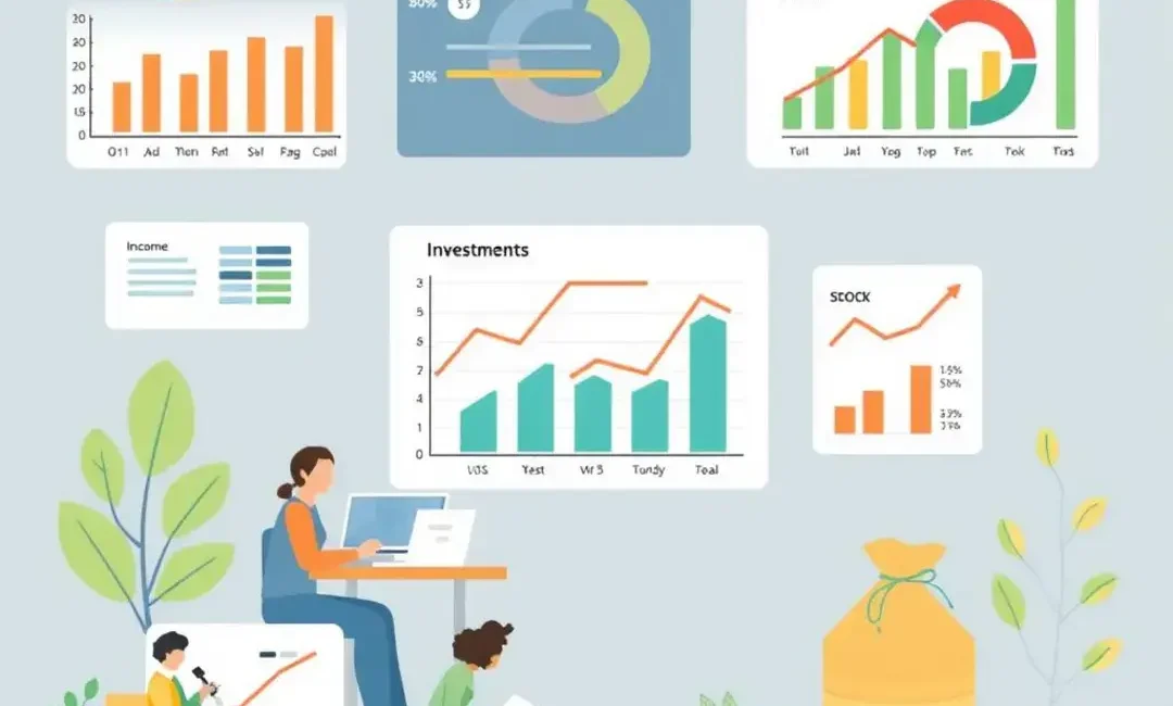 Charts illustrating income types, people working, and investments.