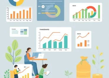 Charts illustrating income types, people working, and investments.