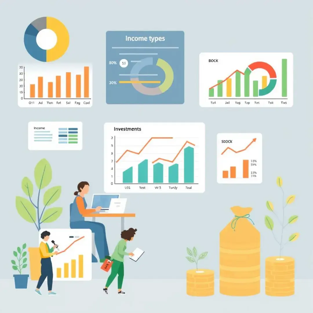 Charts illustrating income types, people working, and investments.