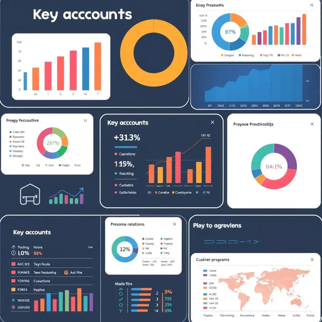 Key accounts highlighted with metrics, charts, and customer relationships.