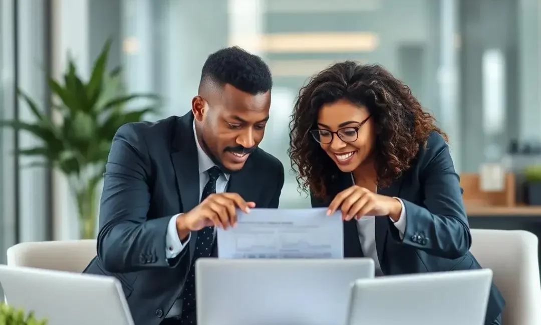 Two diverse business leaders discussing strategy over a laptop.