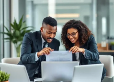 Two diverse business leaders discussing strategy over a laptop.