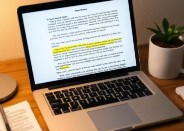 Laptop displaying text with highlighted sections, notes, and references.