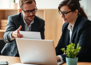 Two professionals discussing collaboration strategies over a laptop.