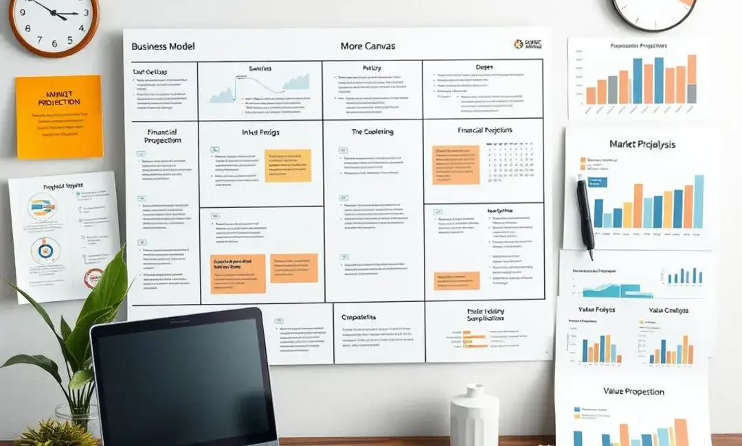 Business model canvas, financial projections, market analysis, value proposition.