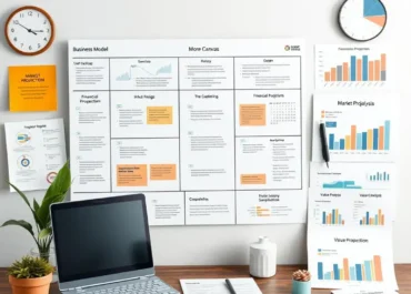 Business model canvas, financial projections, market analysis, value proposition.