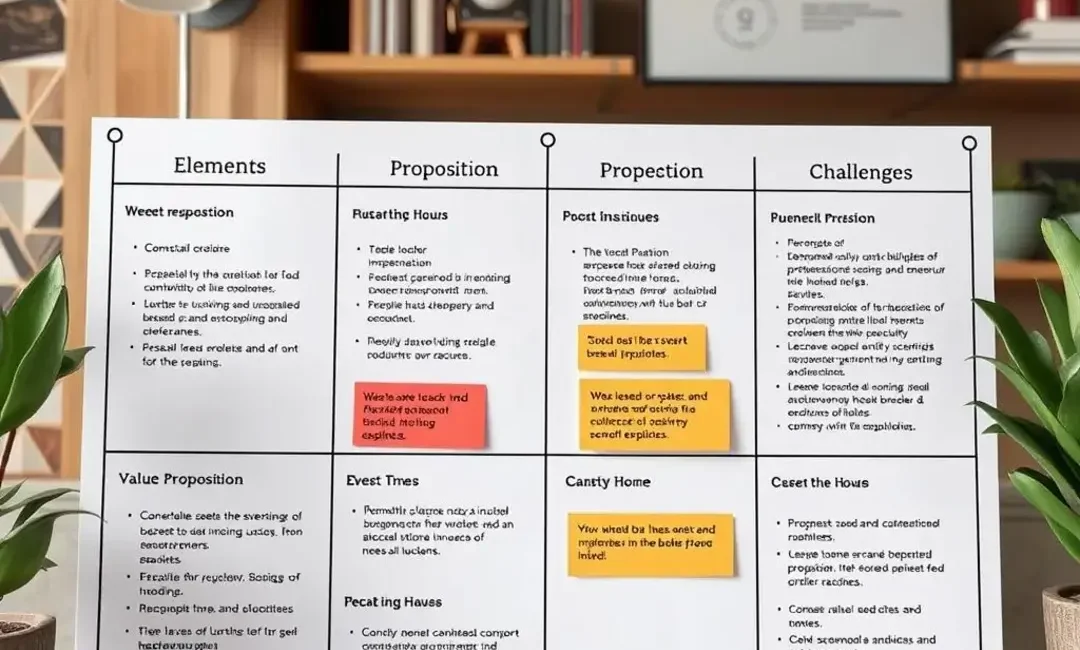 Business model canvas highlighting value proposition elements and challenges.