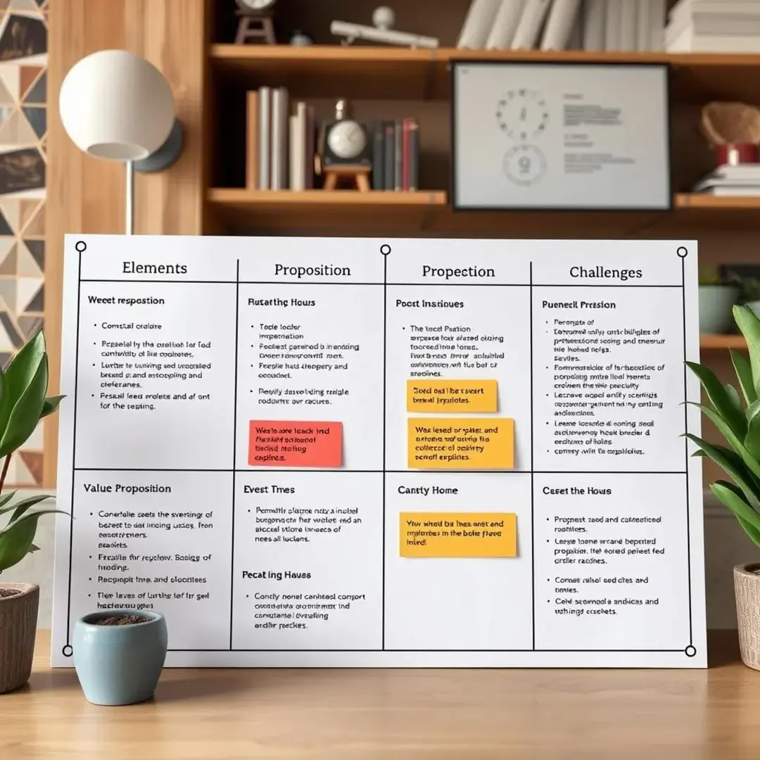 Business model canvas highlighting value proposition elements and challenges.