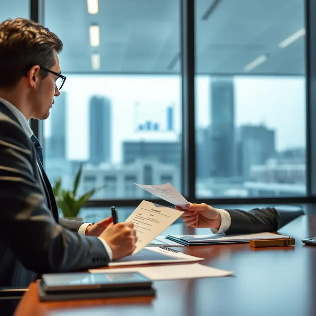 Two professionals discussing terms, charts, and partnership agreements.