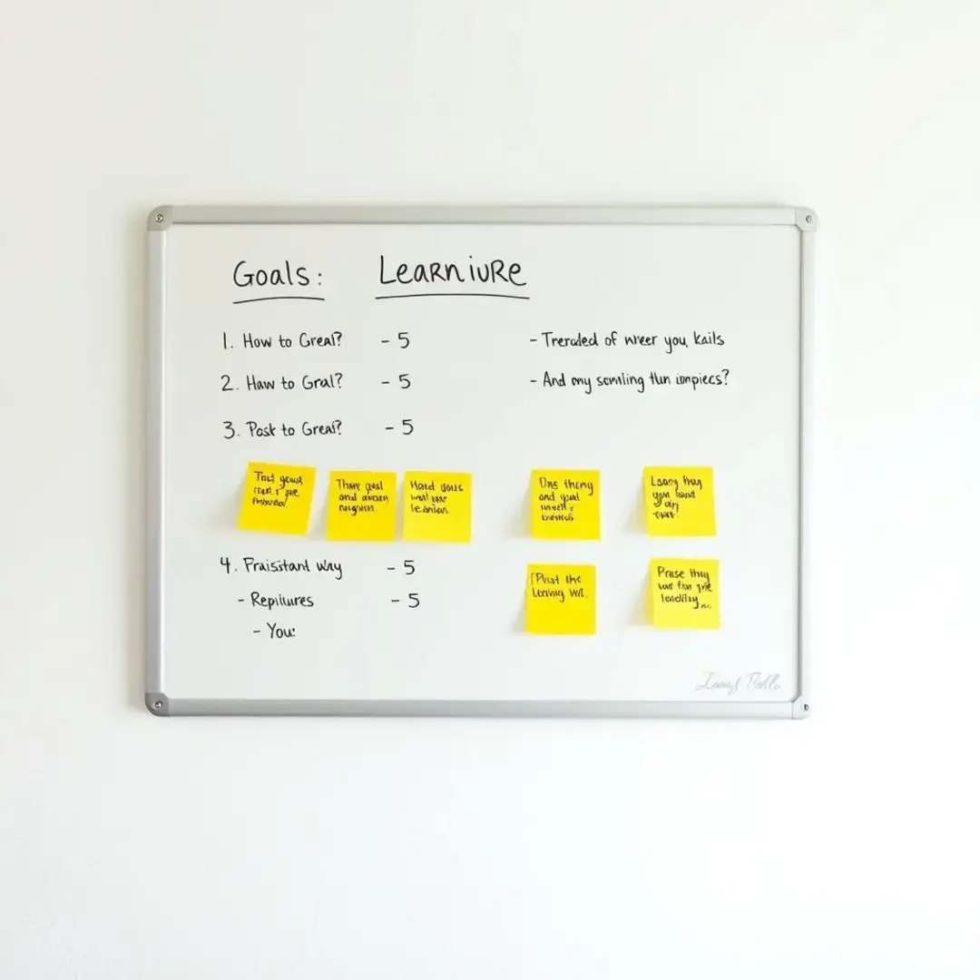 Whiteboard with goals, post-it notes, and brainstorming session.