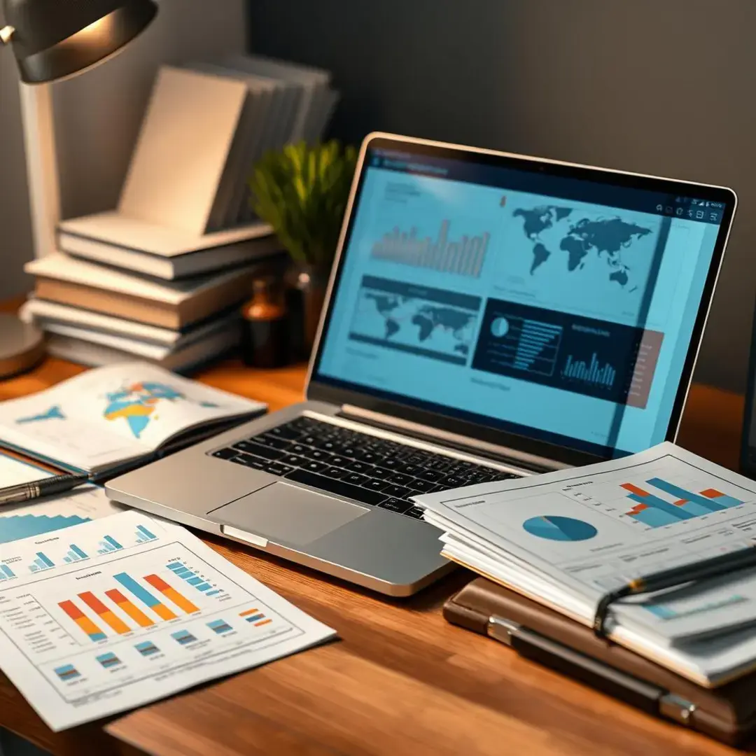 Laptop with charts, books, and regulatory documents on desk.