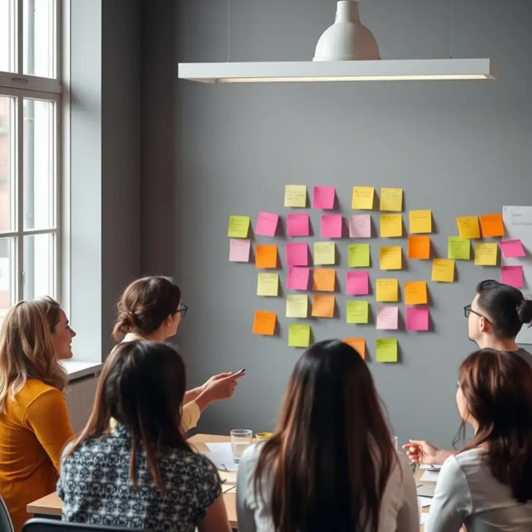 Diverse team discussing feedback, post-it notes, collaborative brainstorming session.