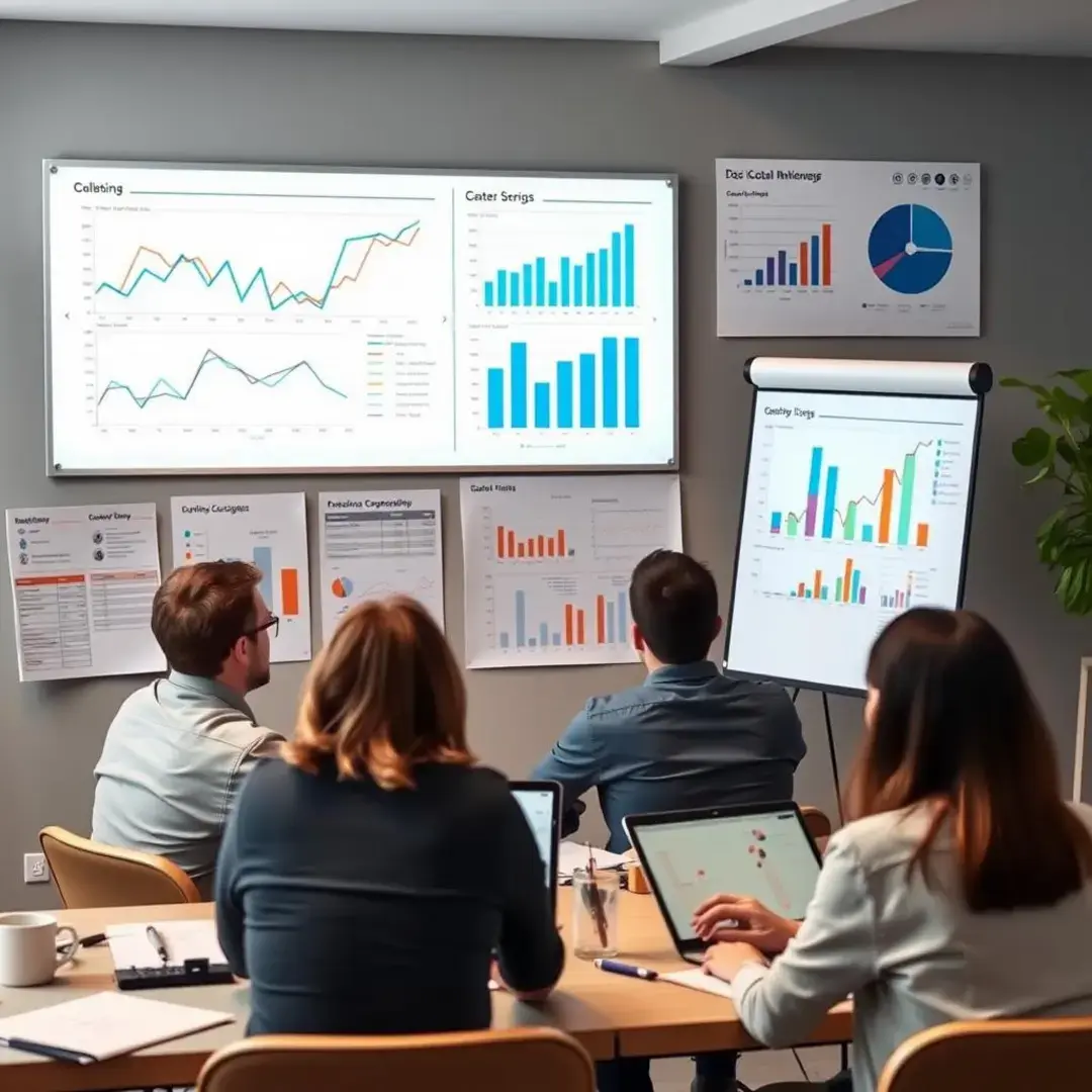 Graphs, charts, data analysis tools, brainstorming sessions, focused individuals.