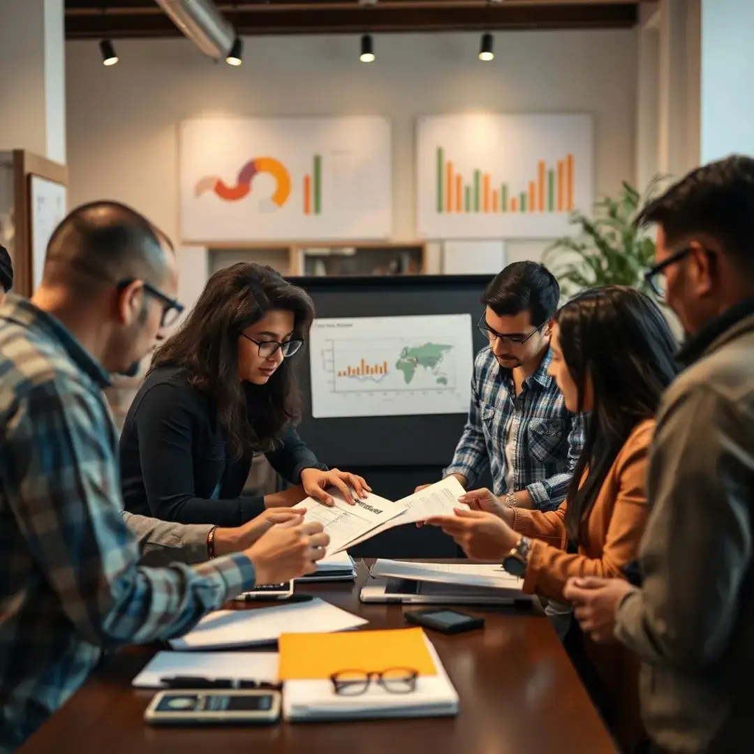 Diverse individuals discussing charts, documents, and funding sources.