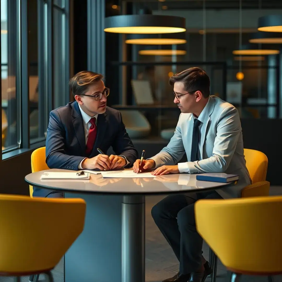 Two professionals discussing a contract over a table.