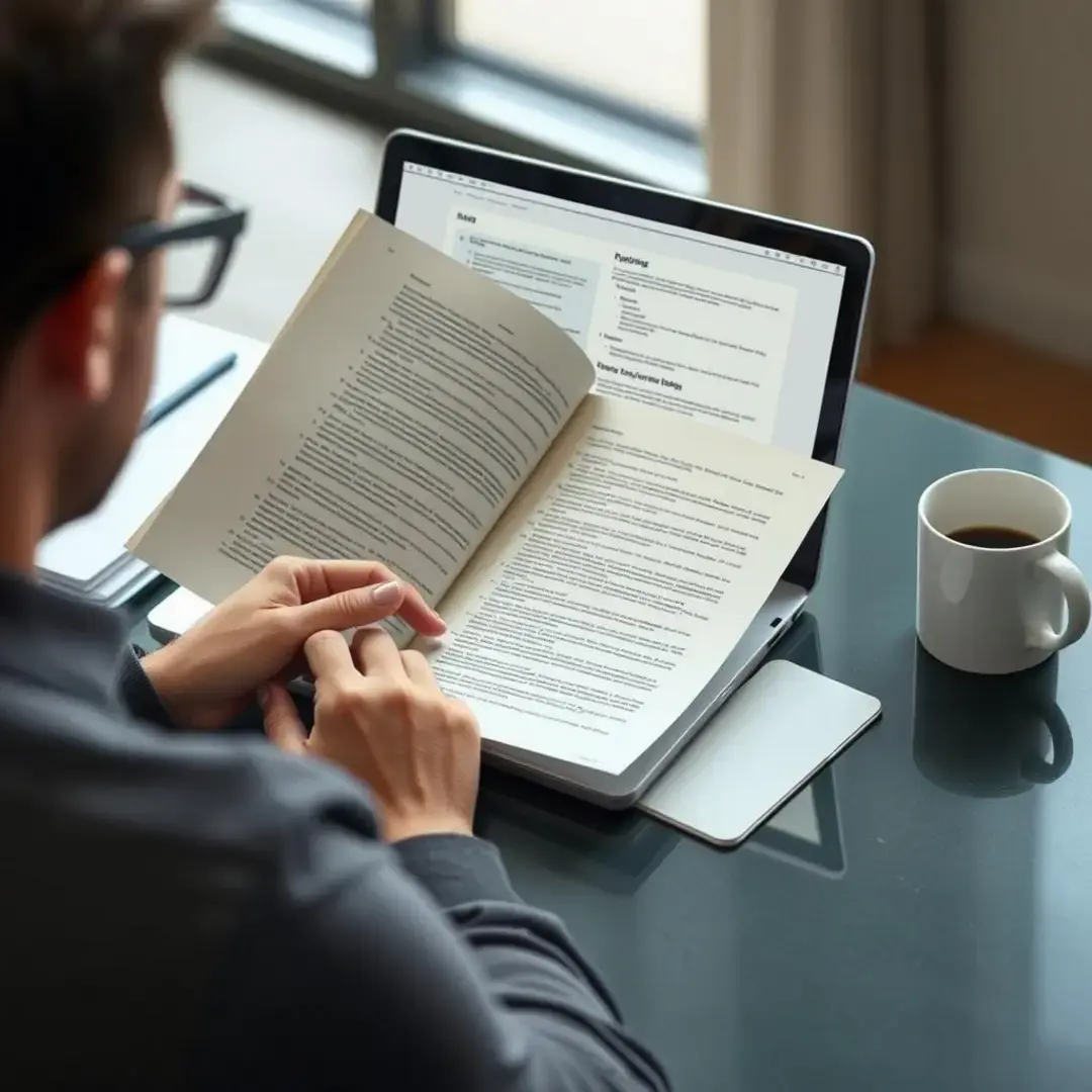 Person reviewing notes, laptop open, coffee mug nearby.