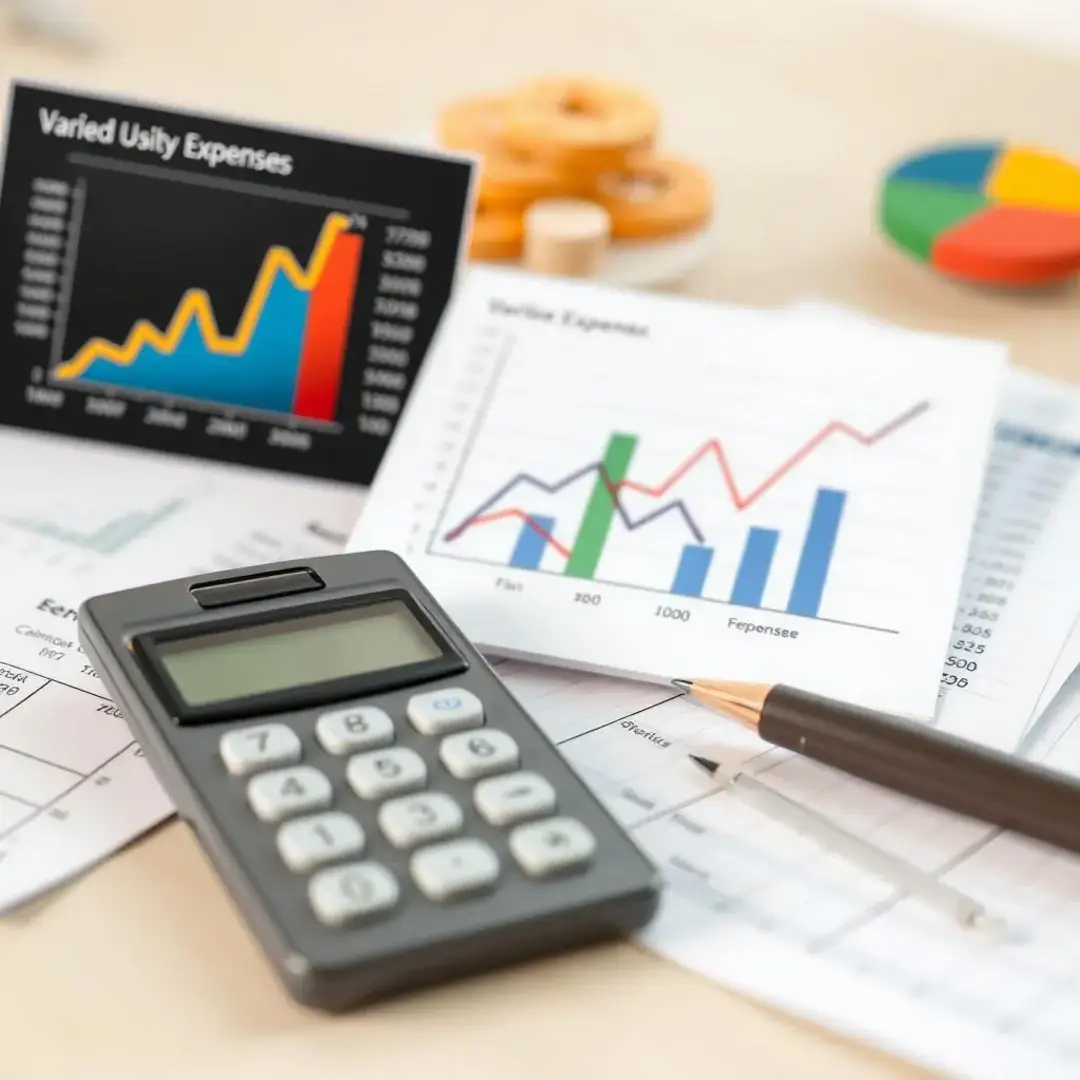 Graphs showing fixed and variable expenses, calculator, spreadsheets.