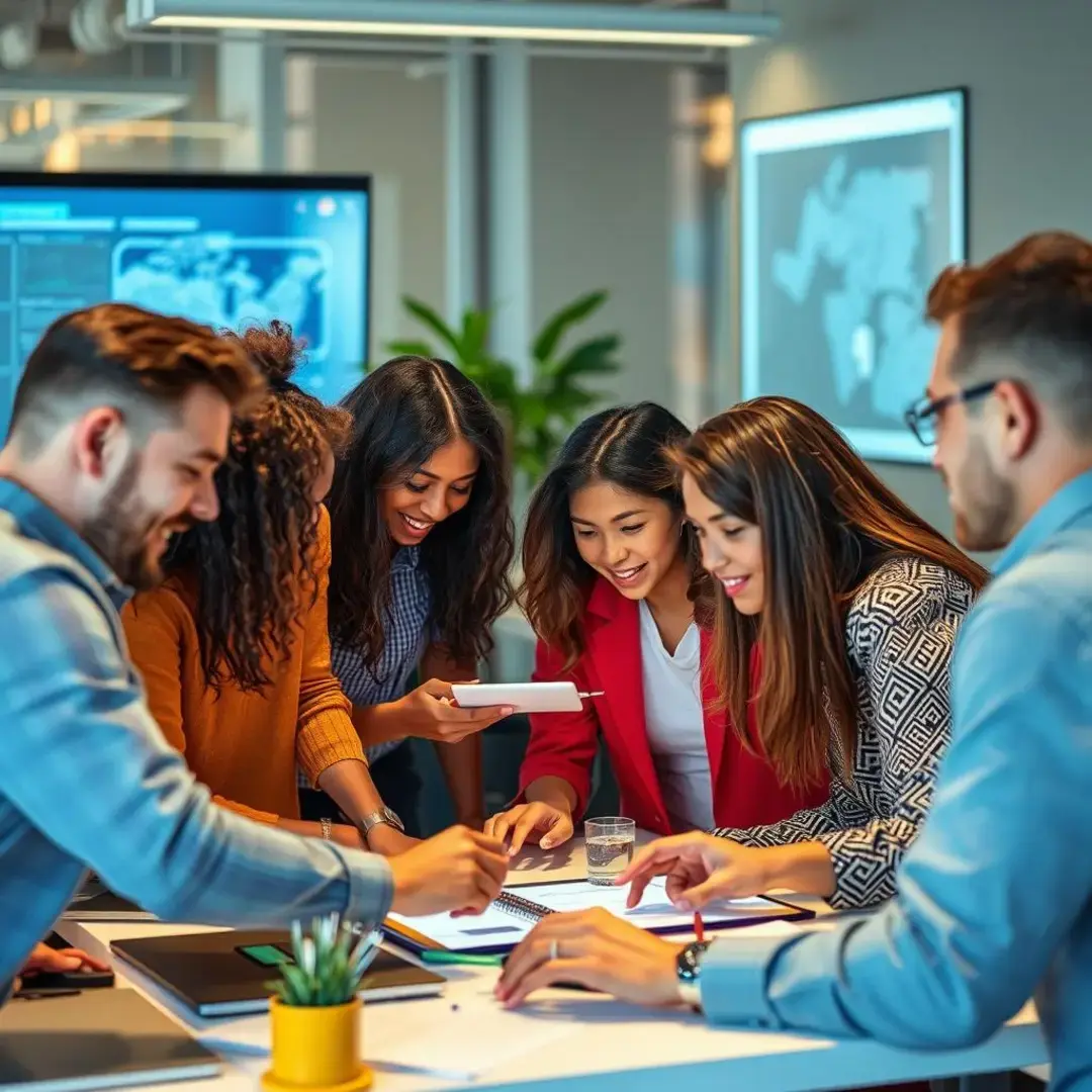 Diverse teams collaborating with technology, brainstorming innovative solutions.