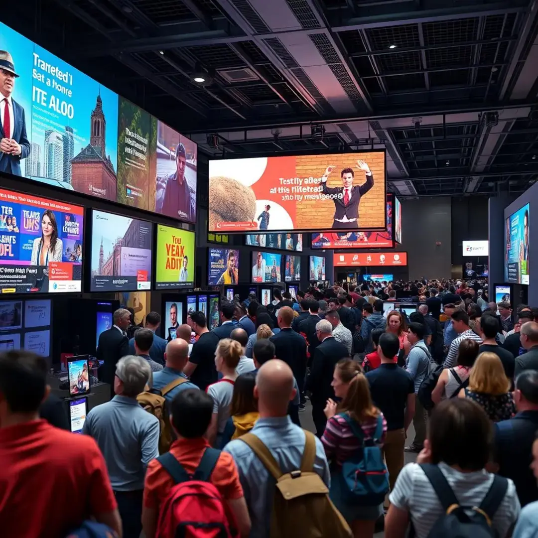 Digital screens displaying targeted ads; diverse audience engagement.