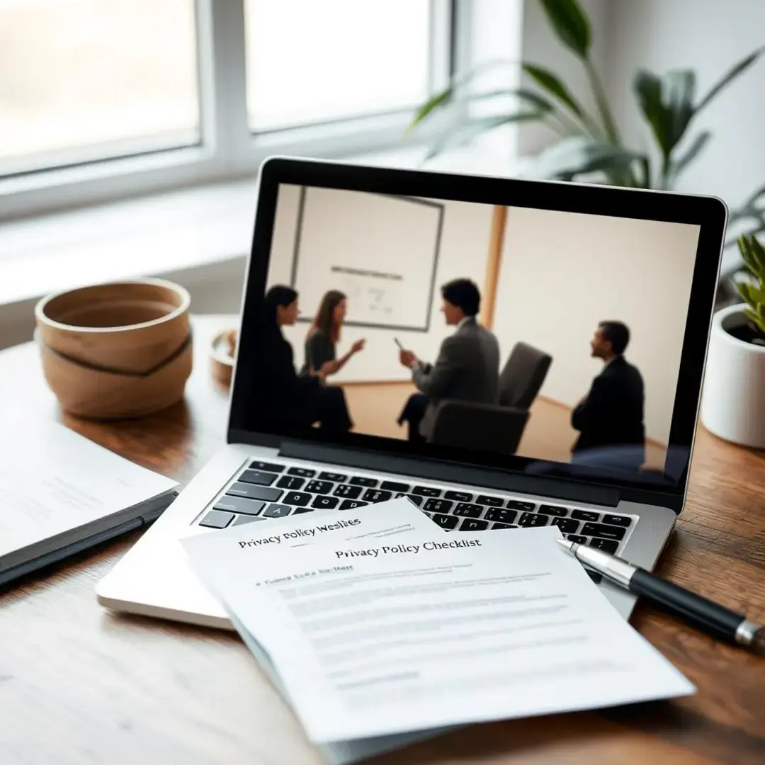 Laptop, legal documents, team discussion, privacy policy checklist.