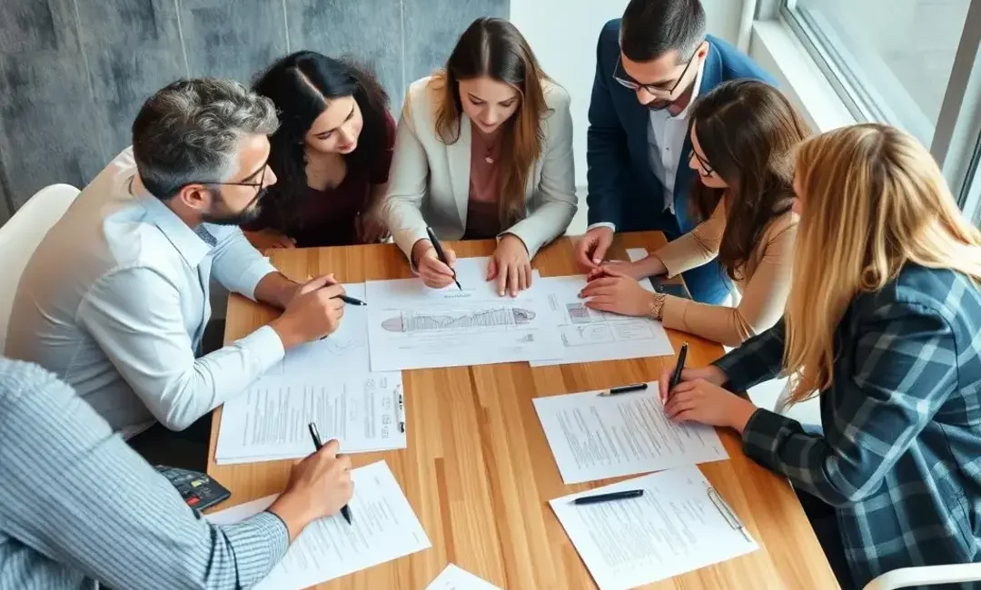 Table with documents, pens, and diverse team discussing plans.