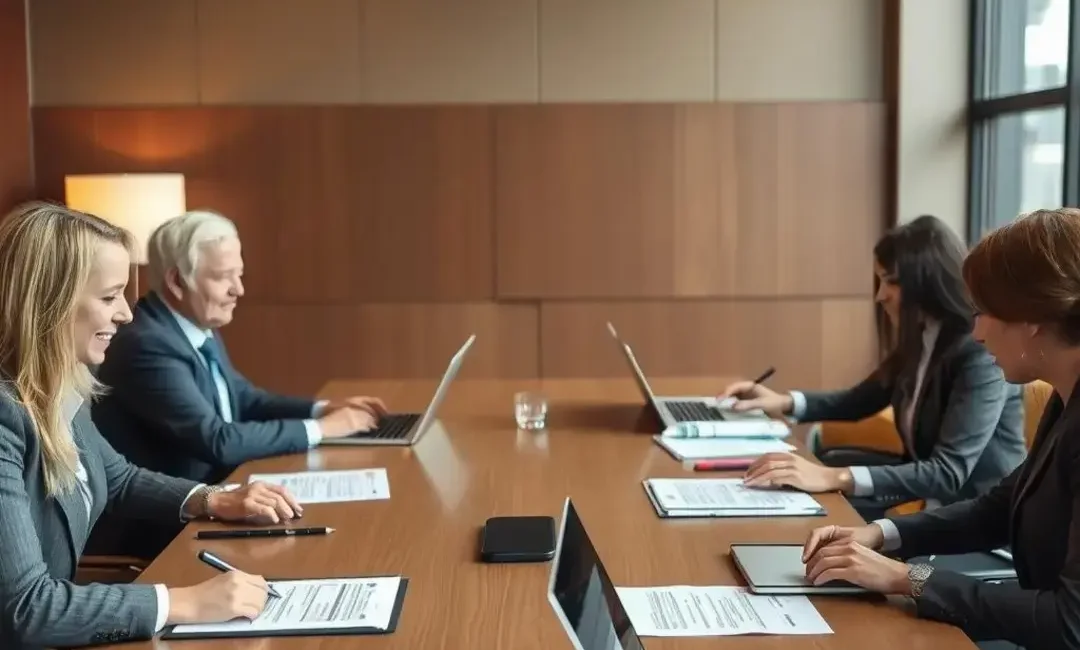 Negotiation table, documents, laptops, professionals discussing terms.