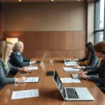 Negotiation table, documents, laptops, professionals discussing terms.