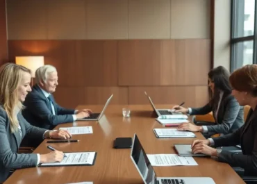 Negotiation table, documents, laptops, professionals discussing terms.