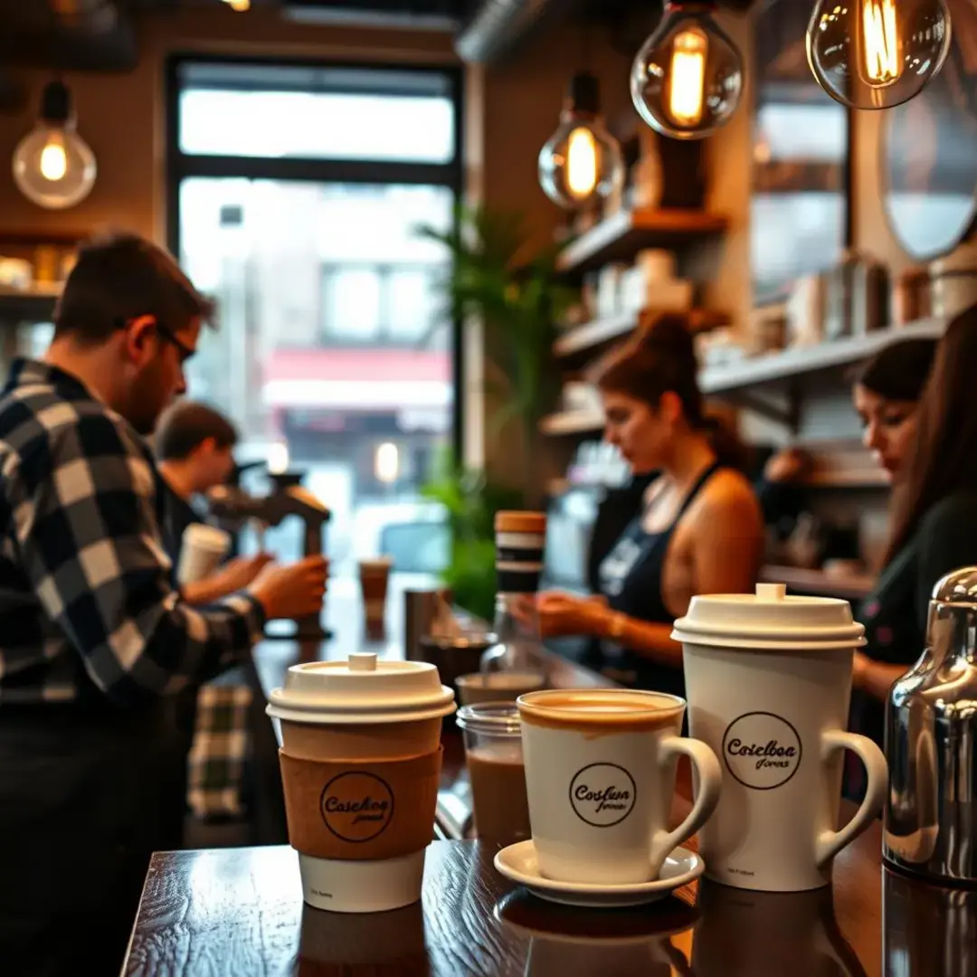 Coffee cups, baristas, cozy ambiance, customer engagement, brand loyalty.