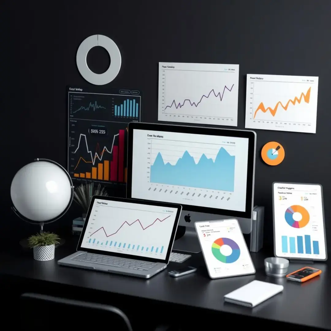 Graphs, charts, digital metrics, audience engagement, data analysis tools.