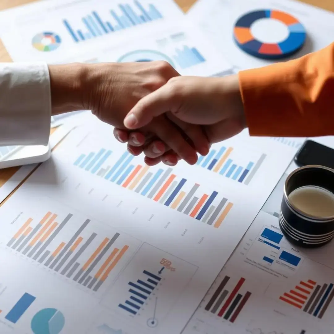 Two hands shaking over a document with graphs and charts.