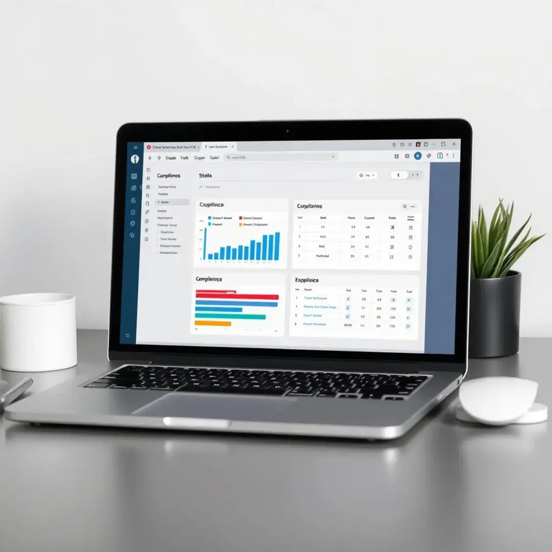 Laptop displaying compliance software with charts and guidelines.