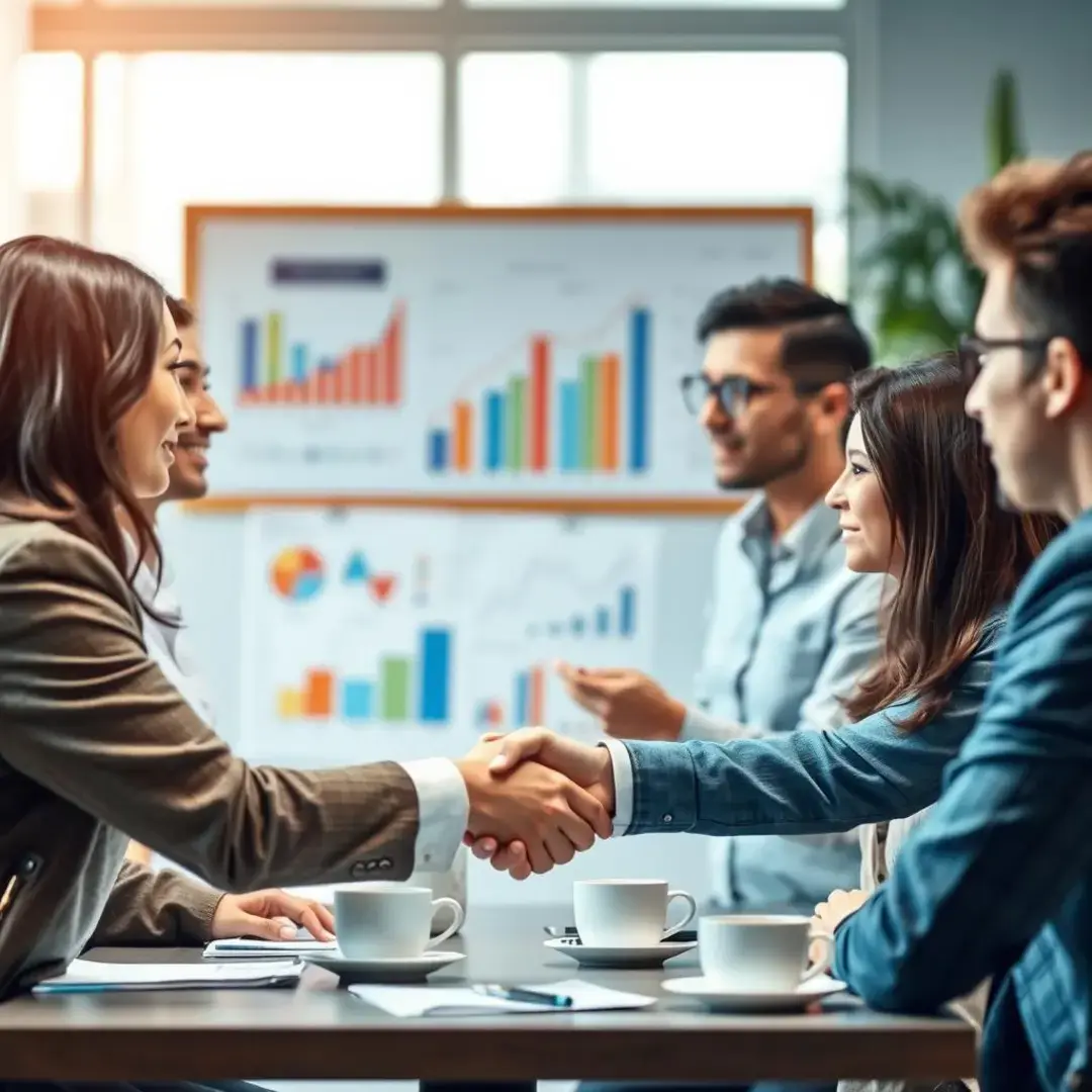 Handshake, diverse team discussion, charts, coffee cups, collaborative atmosphere.