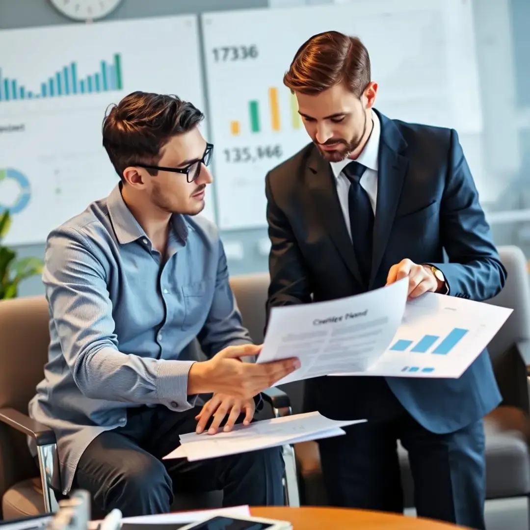 Two partners discussing financial plans with charts and documents.