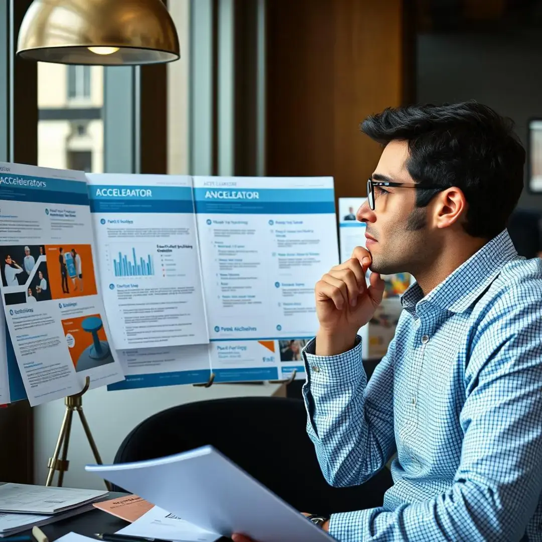 Entrepreneur contemplating options, surrounded by accelerator brochures and notes.