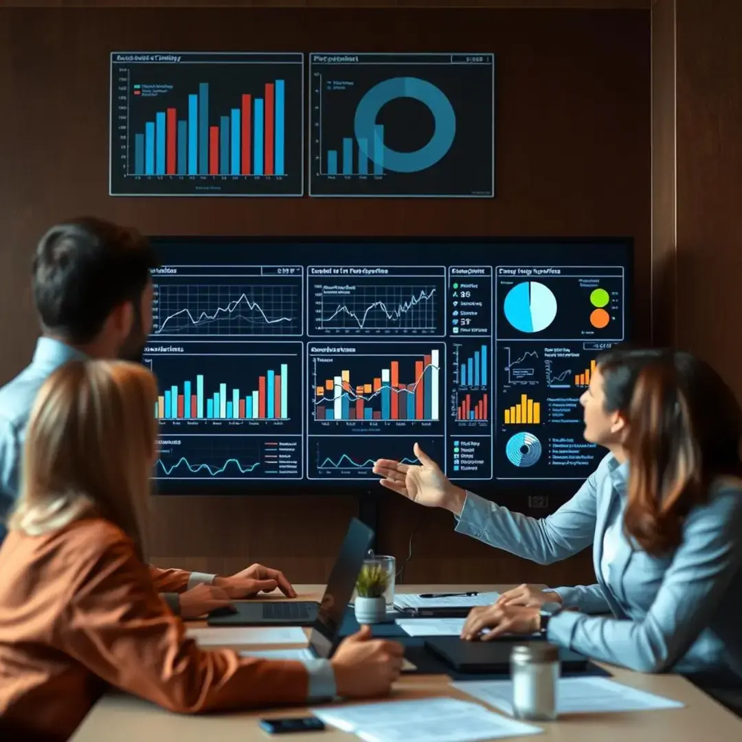 Charts, graphs, data analysis, team discussion, strategy planning.