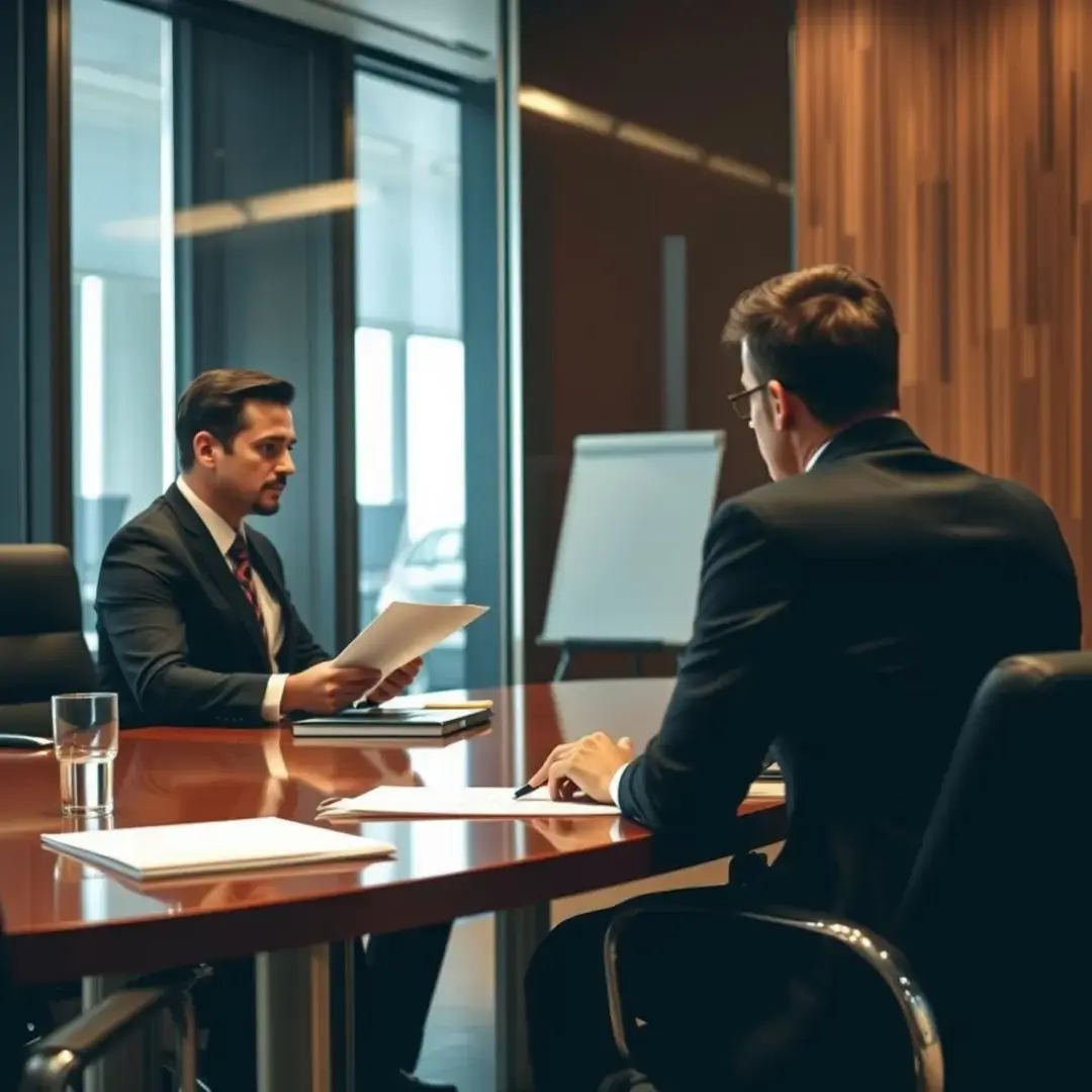 Lawyers discussing documents in a conference room.