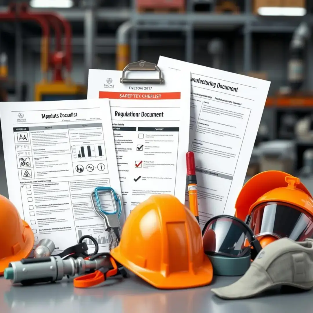 Regulatory documents, manufacturing equipment, safety gear, compliance checklist.