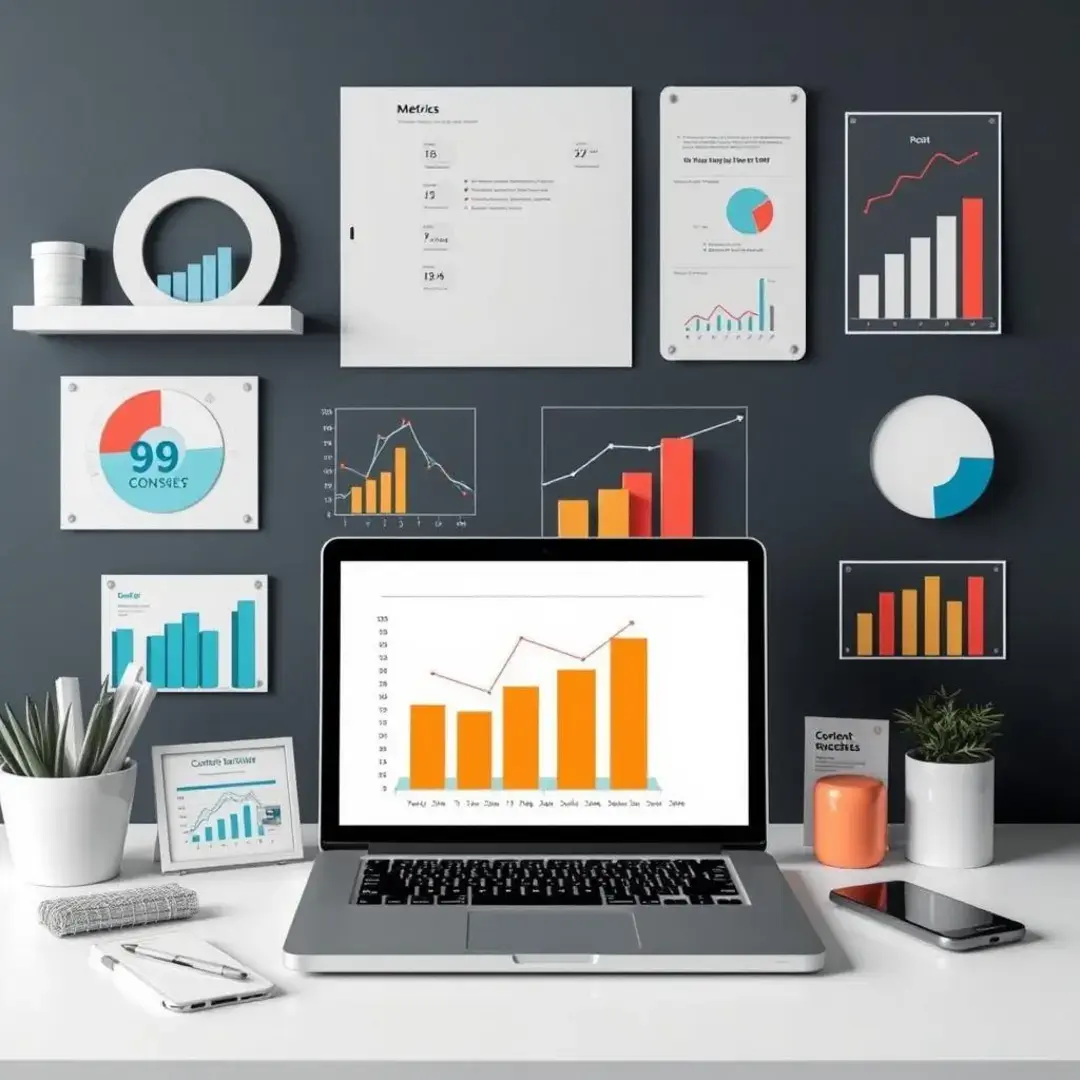 Charts, graphs, laptops, and metrics showcasing content success.