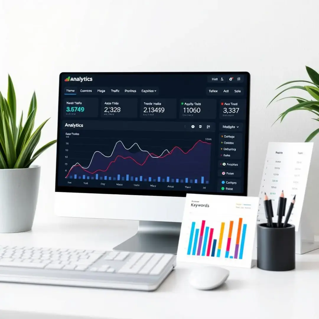 Analytics dashboard, website traffic graphs, keyword rankings displayed.